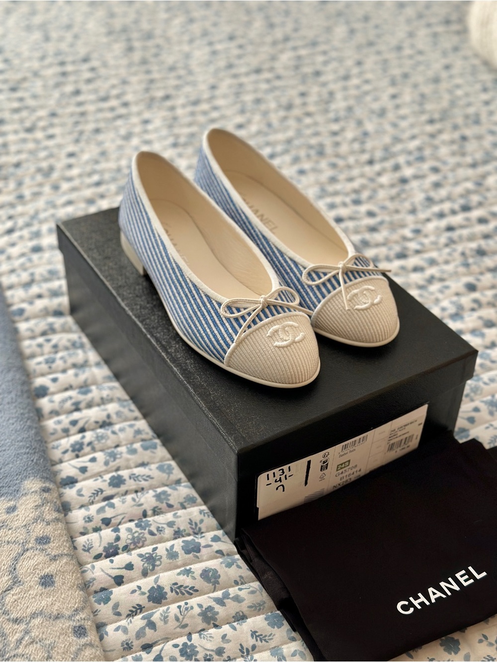CHANEL Blue Striped and Cream Cap-Toe Ballet Flats